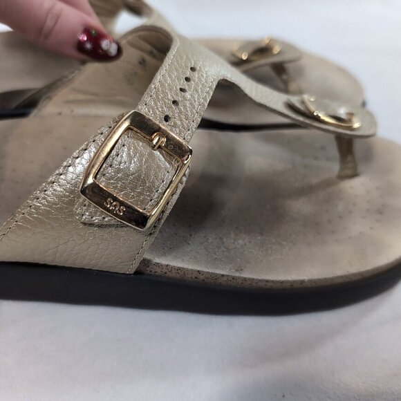 SAS Sanibel Flip Flop Thong Sandals Gold Women's 8.5 Nubuck Leather T-Strap Open - Picture 7 of 13